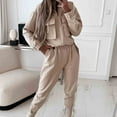 thumbnail image 2 of BXINGOHAI 2 Piece Sets for Women Front Pockets Long Sleeved Outfits Turndown Collar Tops and Elastic Waistband Pants Outdoor Streetwear Set Beige,L, 2 of 6