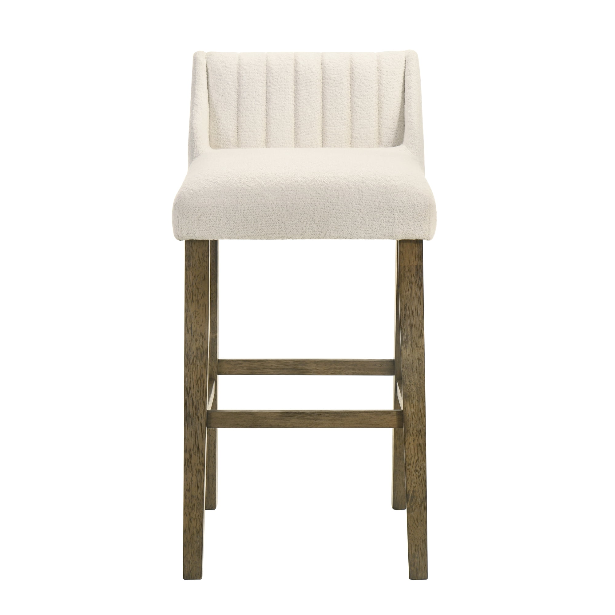 Fauna Modern Transitional Wood Bar Height Kitchen Bar Stool in Putty Brown Finish with White Boucle Fabric Upholstered Seat - Set of 2