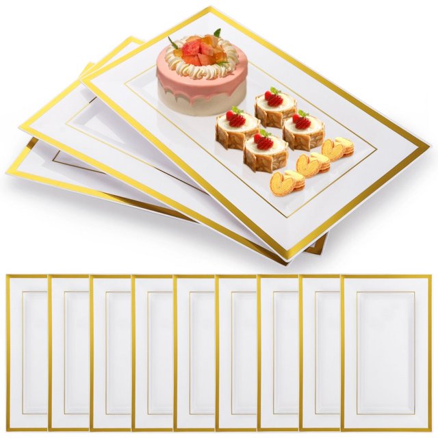 12 bandejas desechables para servir, elegantes bandejas rectangulares de plástico con borde dorado, platos de postre para fiestas, bodas, catering, 13 pulgadas de largo x 7,9 pulgadas de ancho