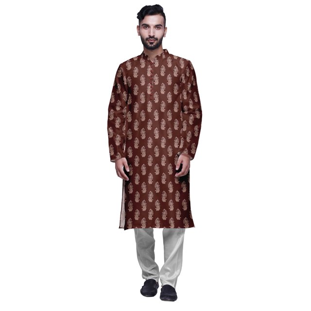 Atasi Kurta Imprimé pour Homme et Ensemble de Pyjama Churidar Blanc Col Mandarin Tenue Ethnique