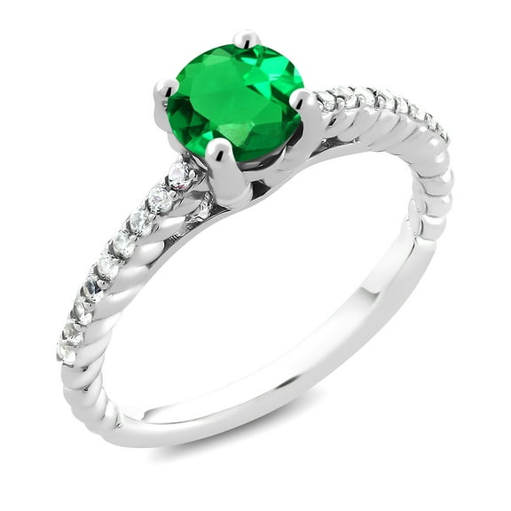 Gem Stone King 1.40 Ct Green Simulated Emerald E-F Lab Grown Diamond 925 Sterling Silver Engagement Ring (Size 5)