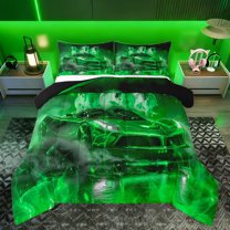 Feelyou Racing Car Green Bedding Comforter Set for Teens, Speed Sports Game Twin Comforter Sets, Rustic Horse Animal Reversible Bedding Set, Ultra Soft Bedroom Decor, 2pcs