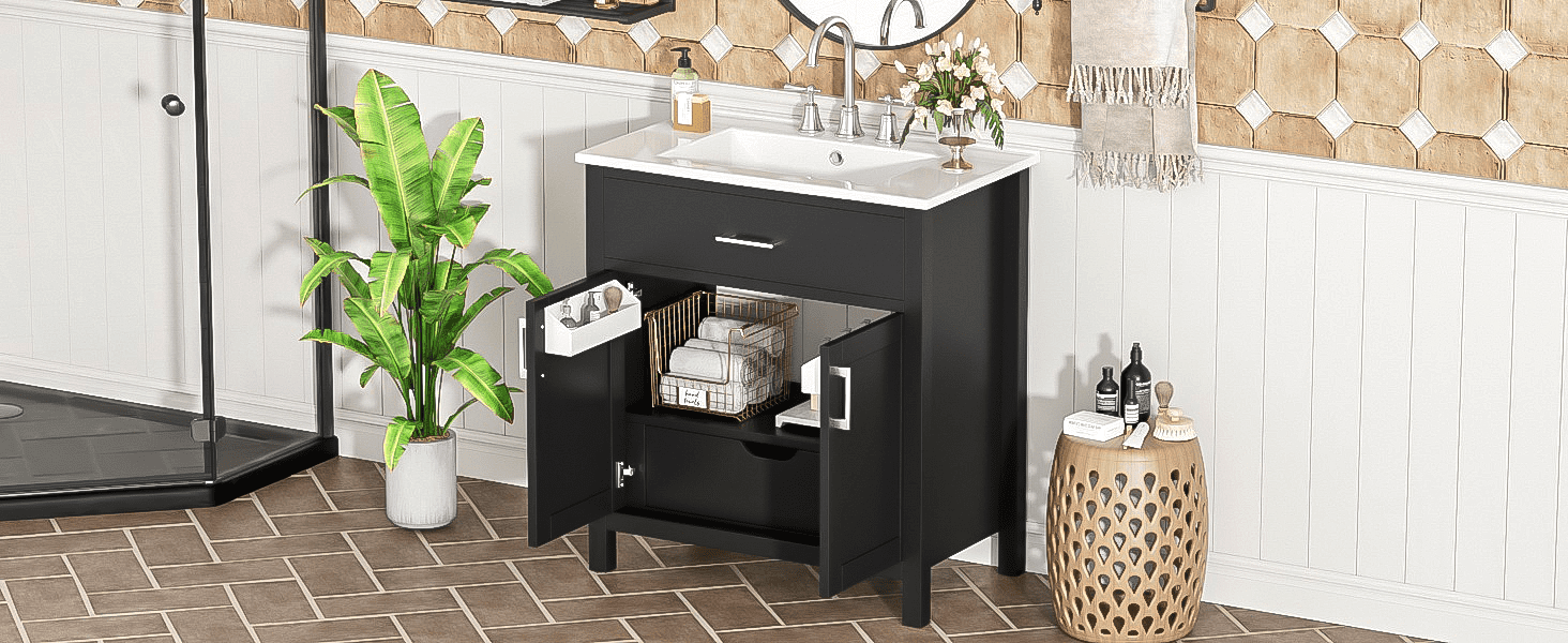 MAYEERTY 30" Black Bathroom Vanity - Ceramic Sink, Ample Storage, Modern Style for Bathroom