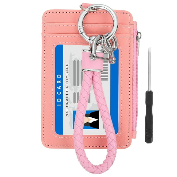 4.7 x 3.2 x 0.2" Slim PU Leather Card Holder Wallet,  1 Set Small Front Pocket Credit Card Case Zipper Coin Wallets with ID Window & Braided Keychain for Women Men, Pink