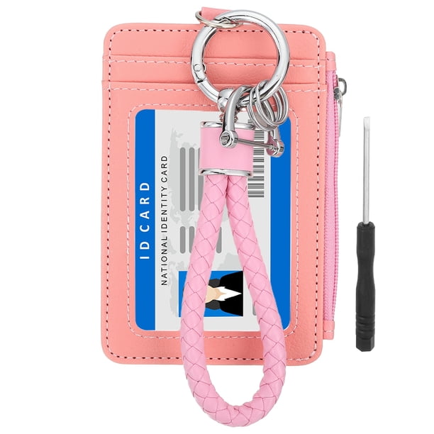 Billetera delgada de cuero PU de 4.7 x 3.2 x 0.2", 1 juego de carteras pequeñas para tarjetas de crédito con cremallera y ventana para ID con llavero trenzado para mujeres y hombres, Rosa
