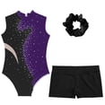 thumbnail image 3 of YONGHS Girls Sparkly Dance Unitards Biketards Gymnastics Leotards with Shorts Hair Tie Purple 16, 3 of 5
