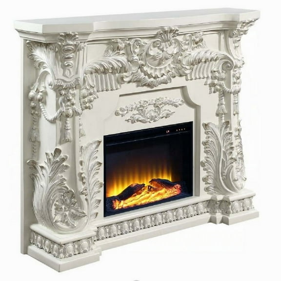Rox LED Electric Fireplace, 62 Inch, Resin Details, Antique White Wood