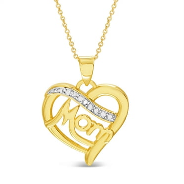 Genuine Diamond Accent Mom Heart Necklace in Yellow Gold Plated Brass