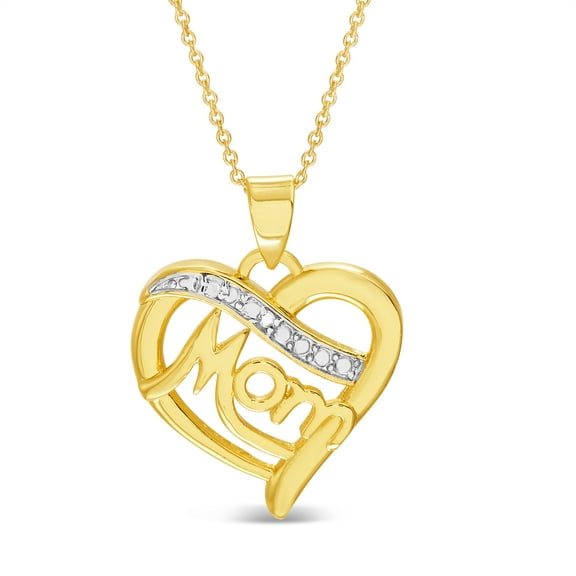 Genuine Diamond Accent Mom Heart Necklace in Yellow Gold Plated Brass