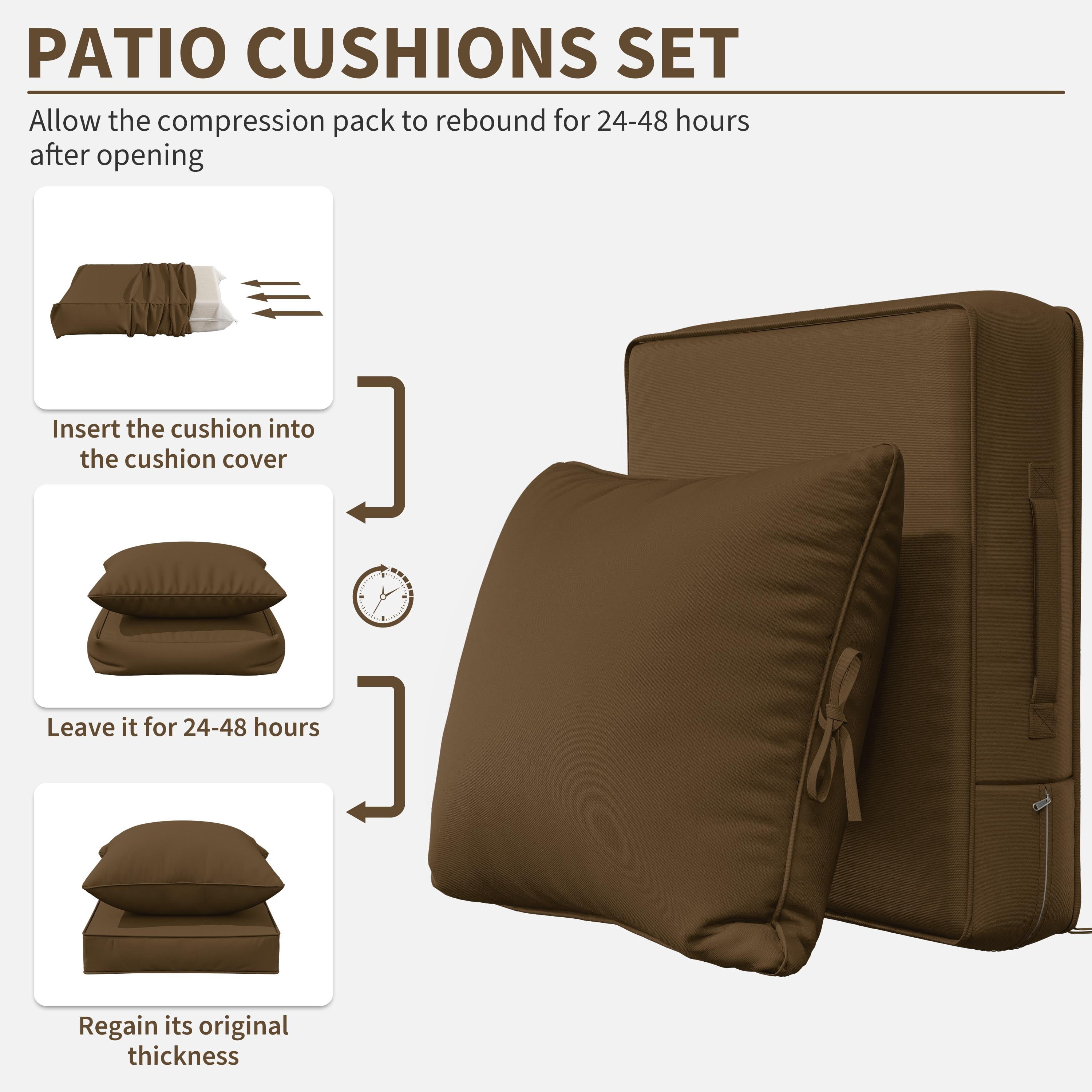 Kimunuk Outdoor Seat Cushion Set, 22" X 24" X 4" Water-Resistant & Fade-Resistant Patio Furniture Replacement Cushions with Handle and Straps for Sofa Chair, Chocolate