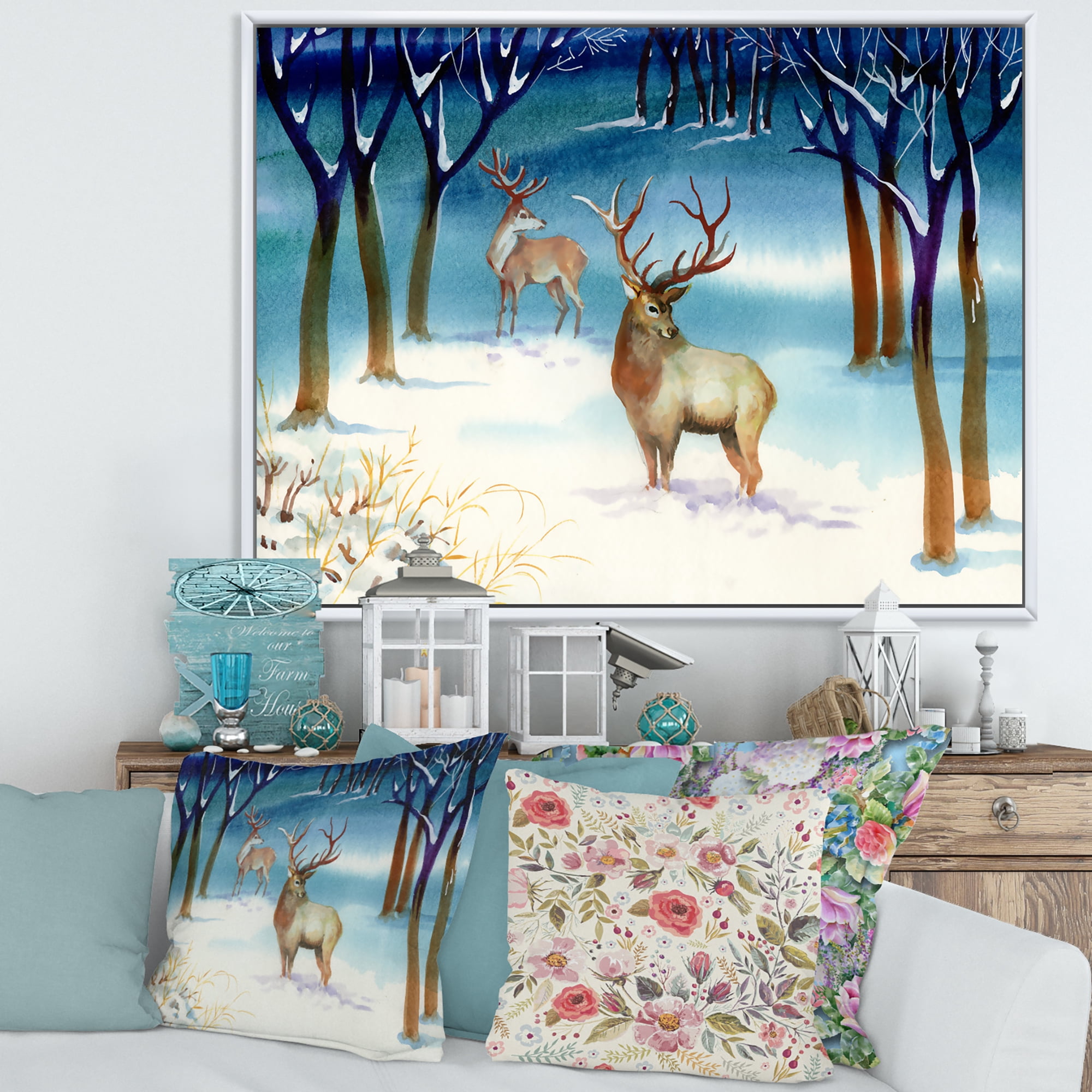 Designart 'Deers With Winter Landscape' Traditional Framed Canvas Wall Art Print