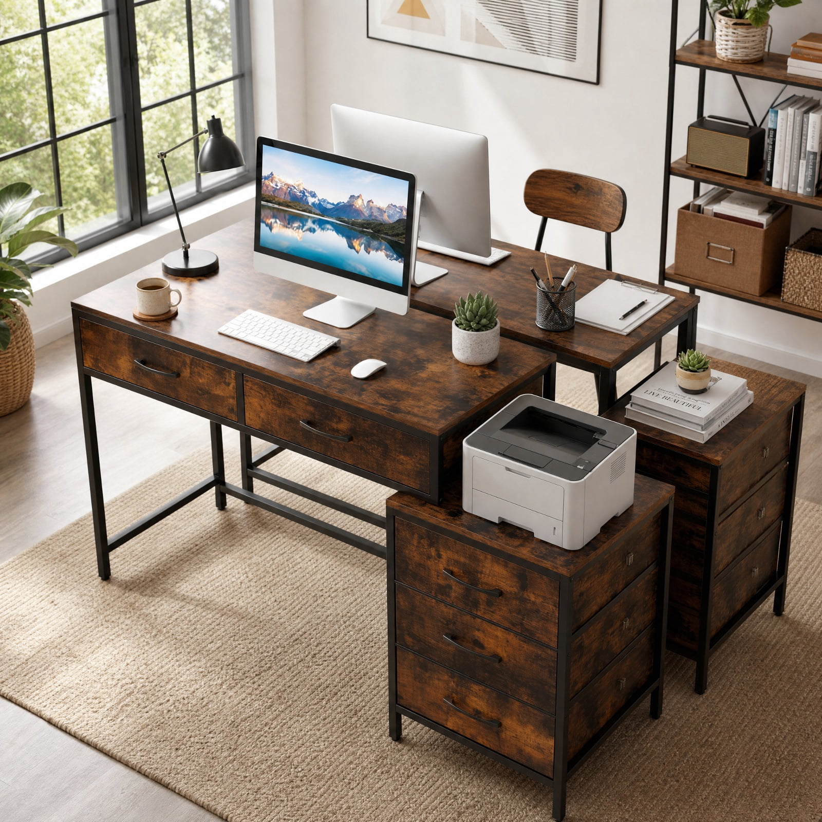 Furnibear Computer Desk with 5 Drawers and Printer Stand for Bedroom and Small Spaces for Home Office Study Computer Writing Workstation, Rustic Brown