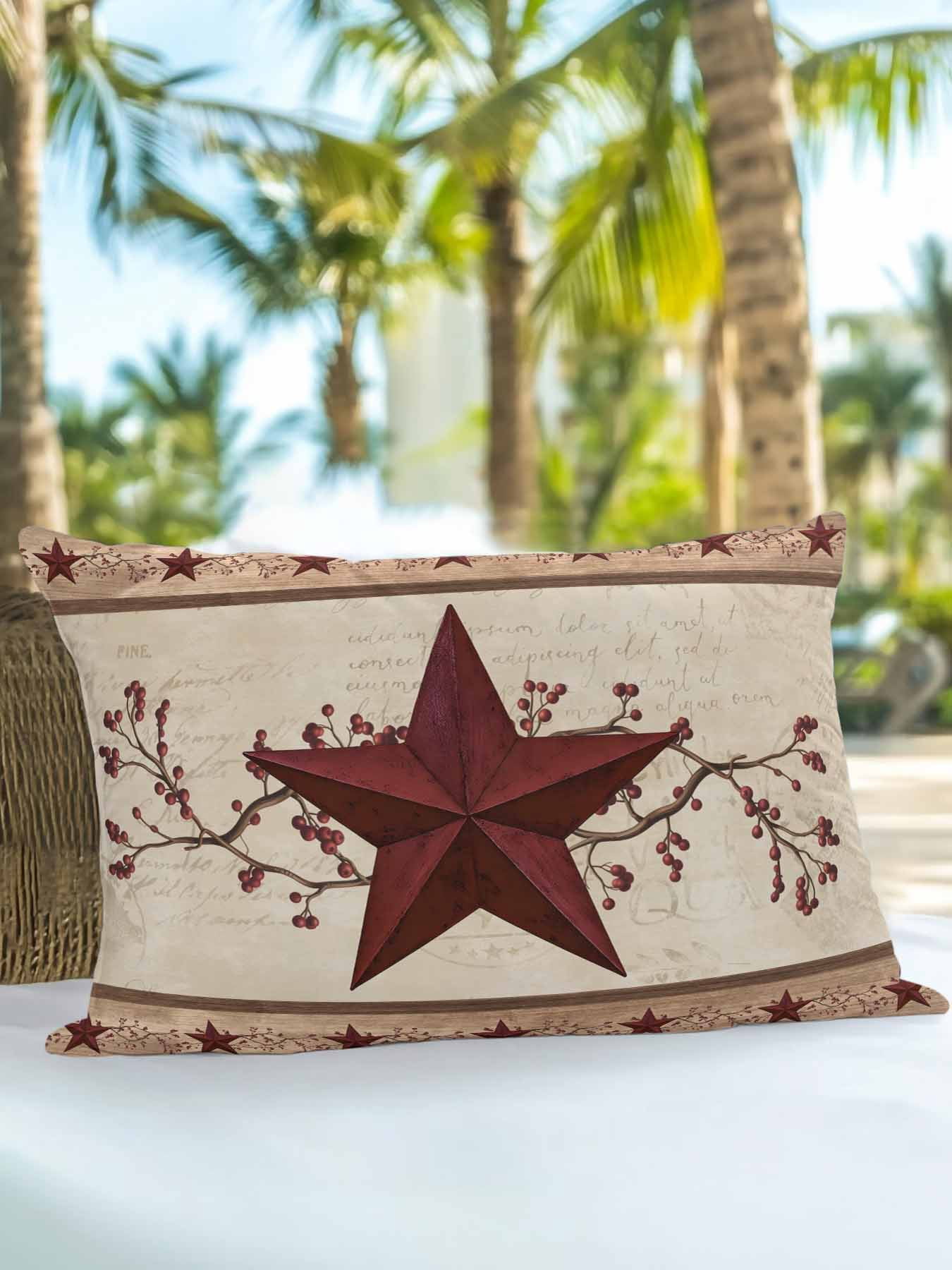 Outdoor Pillows Waterproof, Red Texas Star Rustic Bedding Throw Pillows with Insert for Couch Sofa Bed, Farmhouse Berry Brown Wooden 12x20 Inch Pillowcases Decorative Camping Patio Pillow Set of 1