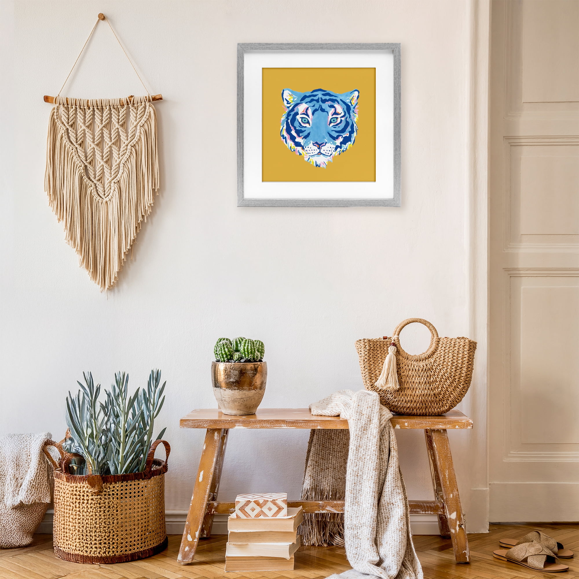 Stupell Industries Blue Tiger over Yellow Gray Framed Print Under Glass, design by Karolina Sato