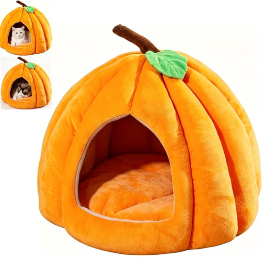 Cute Pumpkin Cat Bed, Halloween Pumpkin Cat House Bed, with Removable Cushion Pillow, Suitable for cats and dogs under 8.82 lbs, (M)