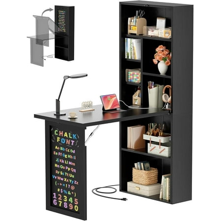 Homieasy Small Folding Desk with Outlets, Convertible Writing Desk for Small Spaces, Multi-Function Desk Workstation with Blackboard, Fold-Out Cabinet Table, Black