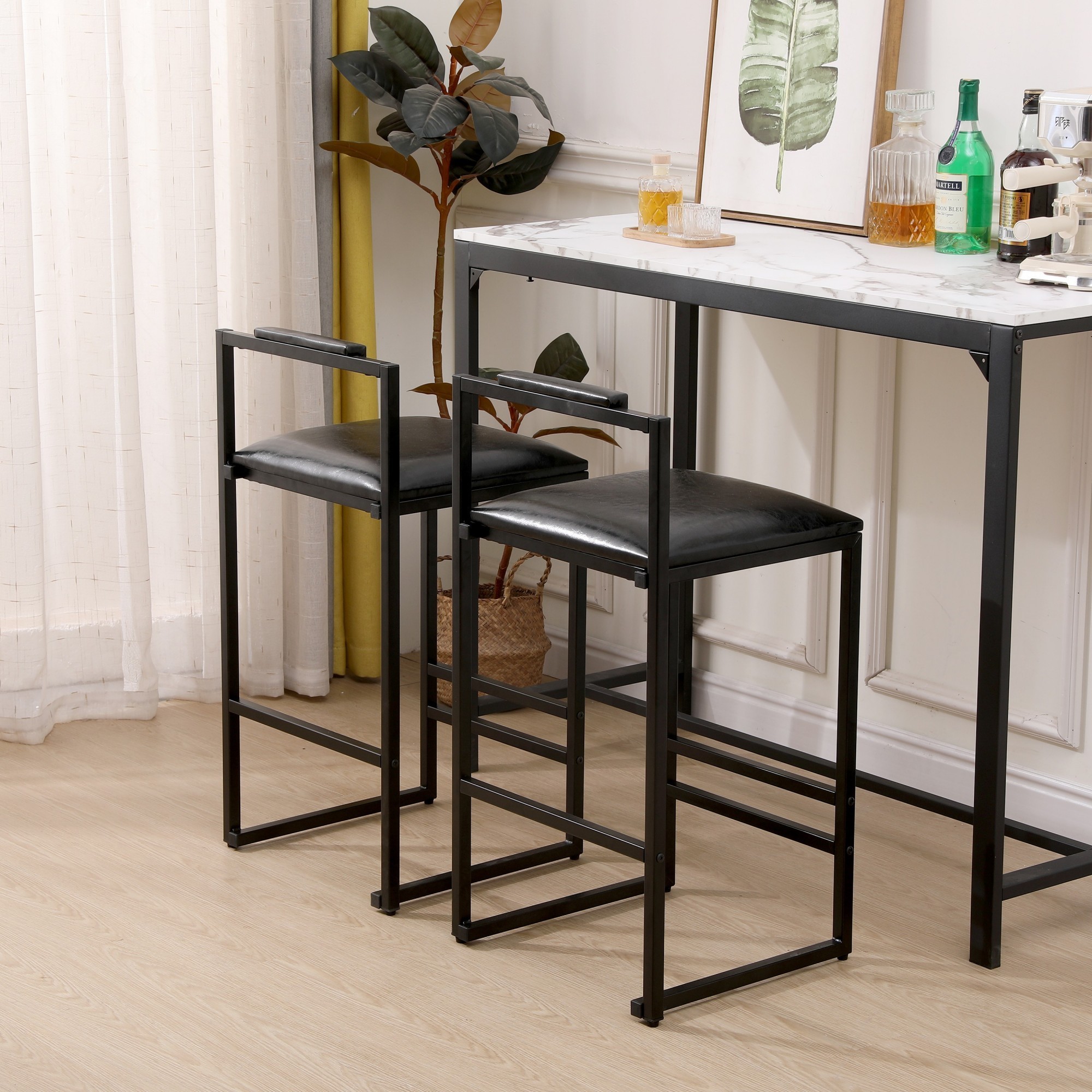 Bar Stools Set of 2,Counter Height Bar Stools with Back and Footrest,PU Upholstered,Rustic Black