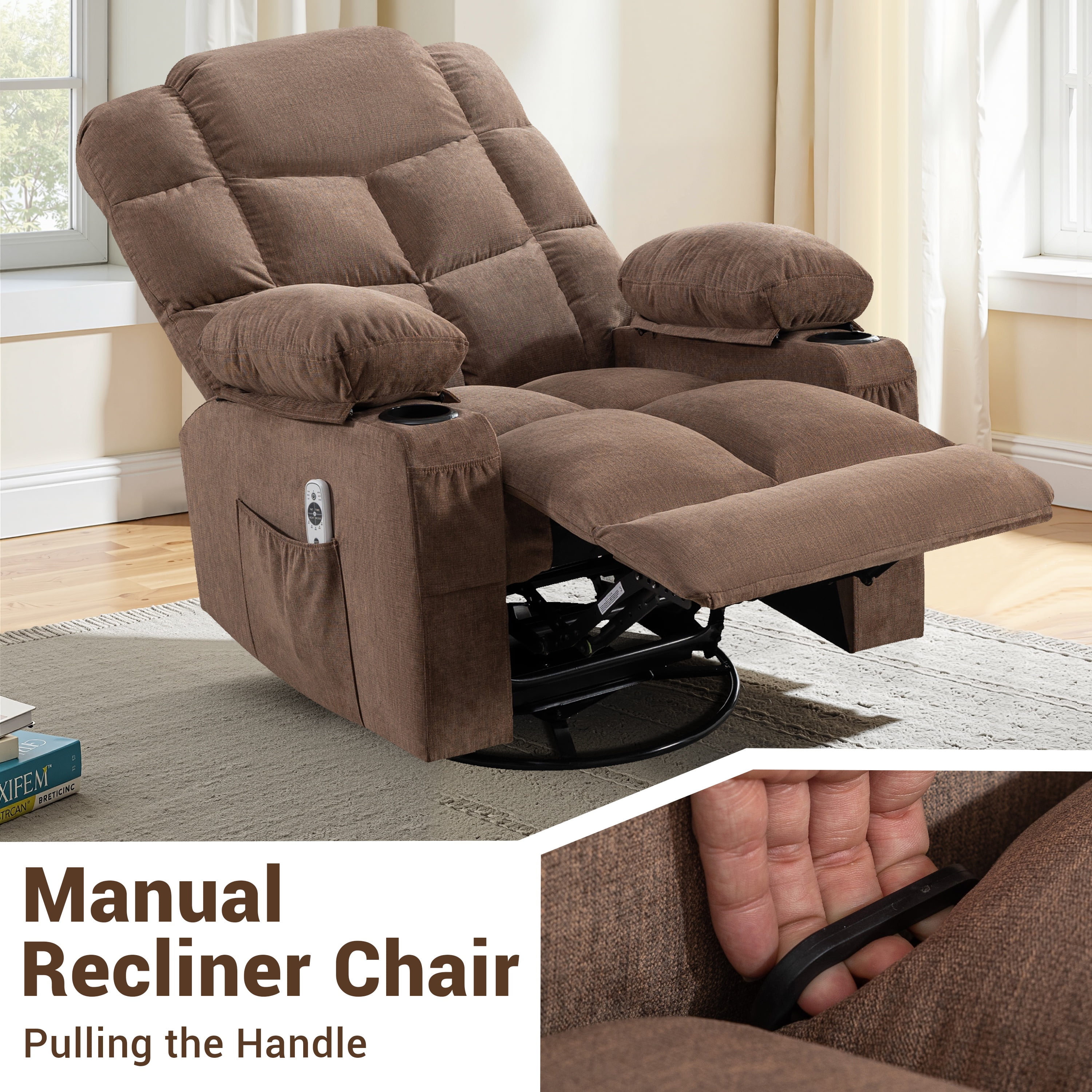 Swivel Rocker Chair, LEGAHOME Manual Glider Rocking Chair for Nursery with Massage and Heat, 22.8in Glider Massage Recliner Chairs for Adults, with Cup Holder and Side Pocket, Brown