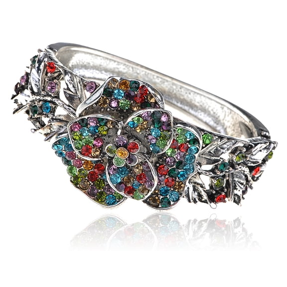 Alilang Silver Tone Rainbow Multicolor Crystal Rhinestone Floral Flower Rose Bracelet Bangle Cuff
