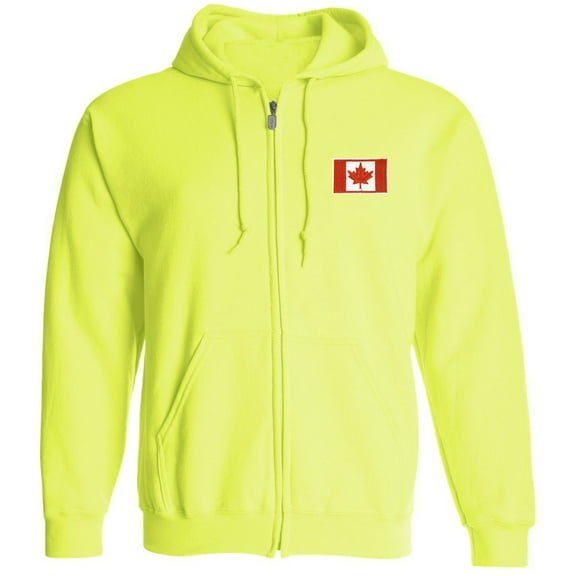 Adult Unisex Canada Flag Patch Neon Full-Zip Hoodie Sweatshirt, Safety Green, 4XL