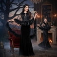thumbnail image 5 of Lace Mesh Feather Cape Shawl, Black Gothic Shoulder Wrap, 192x45cm, 5 of 7
