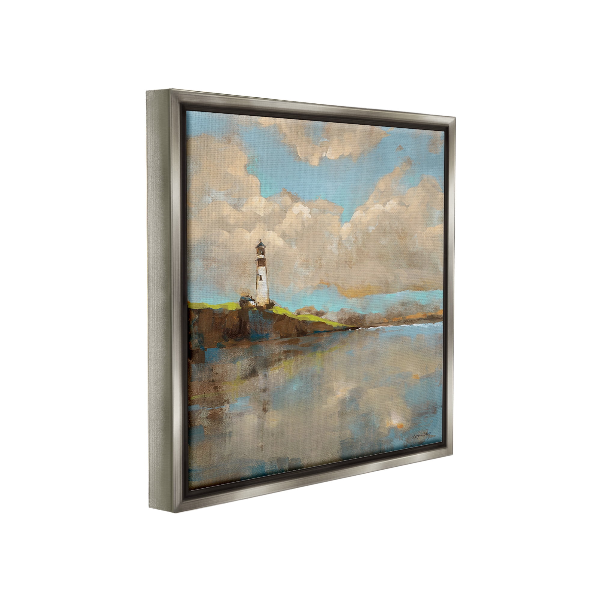 Stupell Industries Lighthouse & Clouds Reflection Landscape Painting Gray Floater Framed Canvas Art Print Wall Art, 18 x 18
