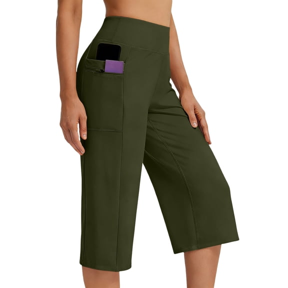 Stamzod Womens Capri Yoga Pants with Pocket High Waisted Plus Size Capris Casual Work Trousers Cropped Pants Army Green L