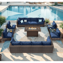 Grezone Patio Furniture Sets 15 Pieces Sectional Outdoor Furniture Sofa Chairs Set All Weather PE Rattan Wicker Couch Conversation Set (Blue)