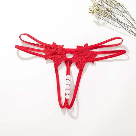 Luxalzxs Womens Sexy Pearl G String Tongs Low Waist Hollow Out Y-Back Flowers Embellished Underwear Valentine Underpants Open Cut Panties Lingerie