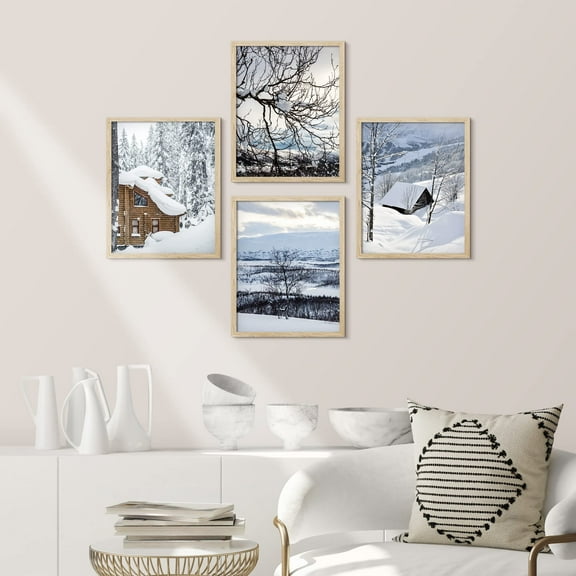PixonSign Framed Wall Art Winter Snow Frost Log Cabin Landscape Prints, Set of 4 Nature Wilderness Wall Decor Arts, Wall Décor, Adhesive Canvas Poster, Modern Home Artwork - 11"x14" Natural