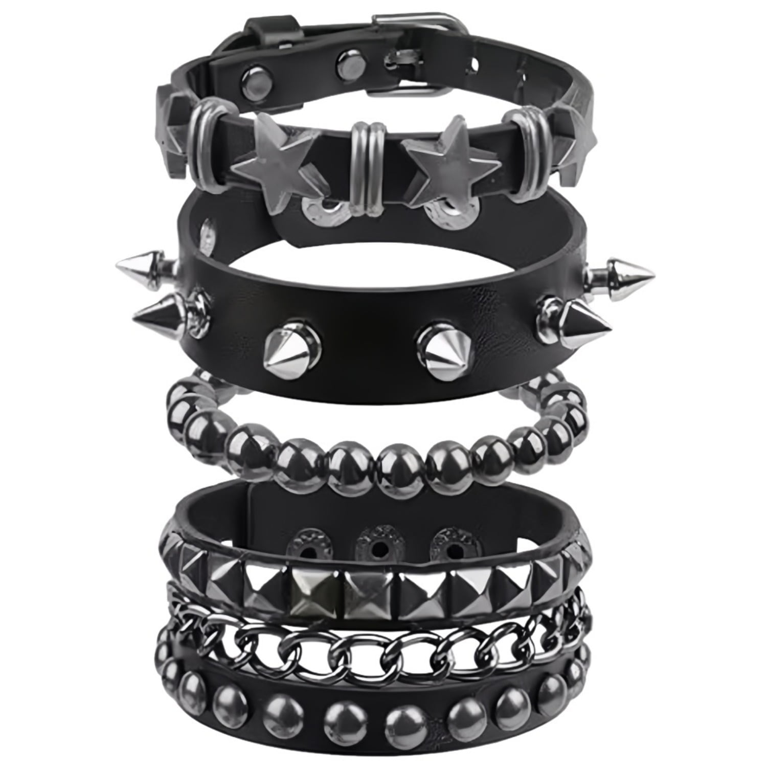 Punk Bracelet for Men Women - Goth Black Leather Wristband with