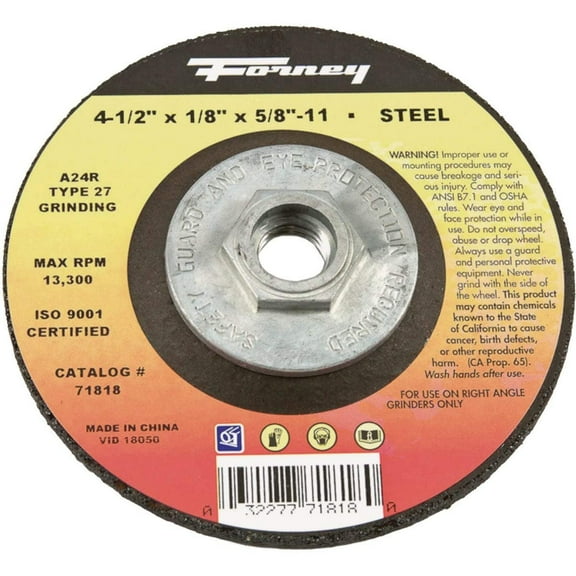 Forney Industries Metal Grinding Wheel - Aluminum Oxide, 4-1/2 In. x 1/8 In. x 5/8 In., 1 Pc.