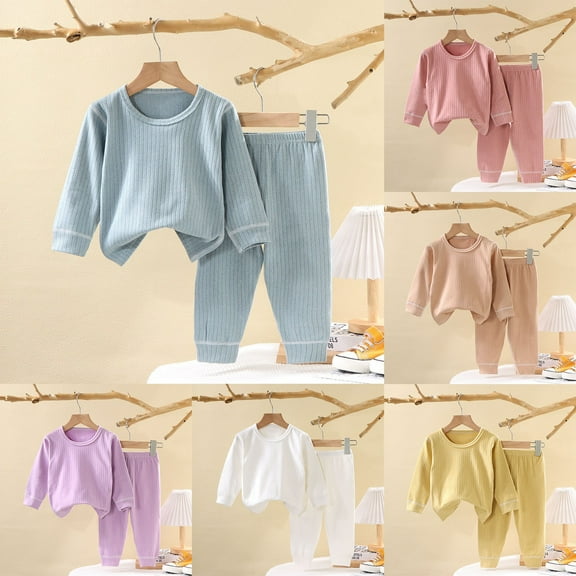 Boys Girls Cotton Ribbed 𝐒leep_wear Set Thin Solid Breathable Long Sleeve Crewneck Tops  Elastic Waist Wide Leg Pants 𝗟oungewear 2 PCS - Blue,2-3 Years