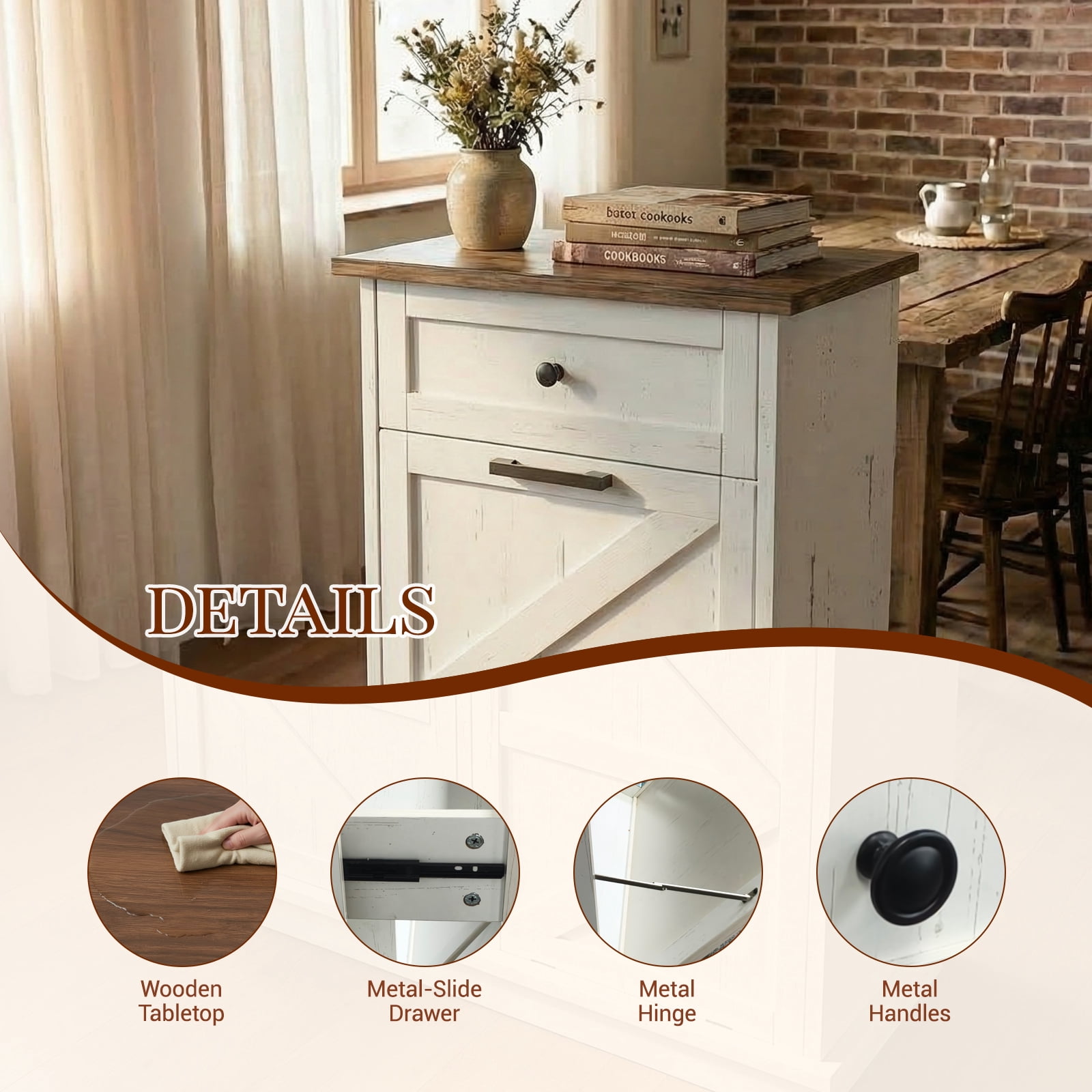 Leumius Tilt Out Trash Can Cabinet, 10-Gallon Farmhouse Hidden Garbage Cabinet with Drawer, Dog Proof Wooden Storage for Kitchen, Laundry, Living Room