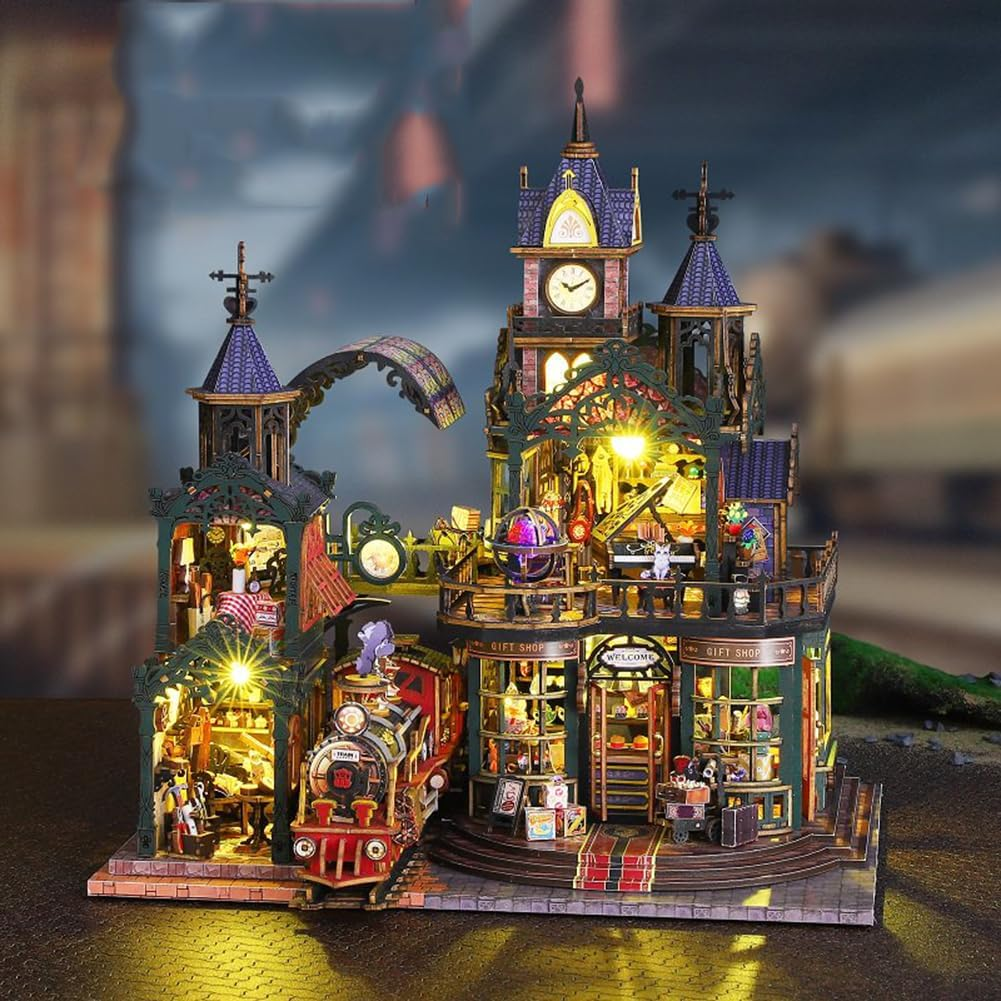 DIY Miniature House Kit Vintage Steam Train Building Model Tiny Home Kit with Music Mini House Build Craft Kits for Adults Home Decor Creative Gift for Family/Friends