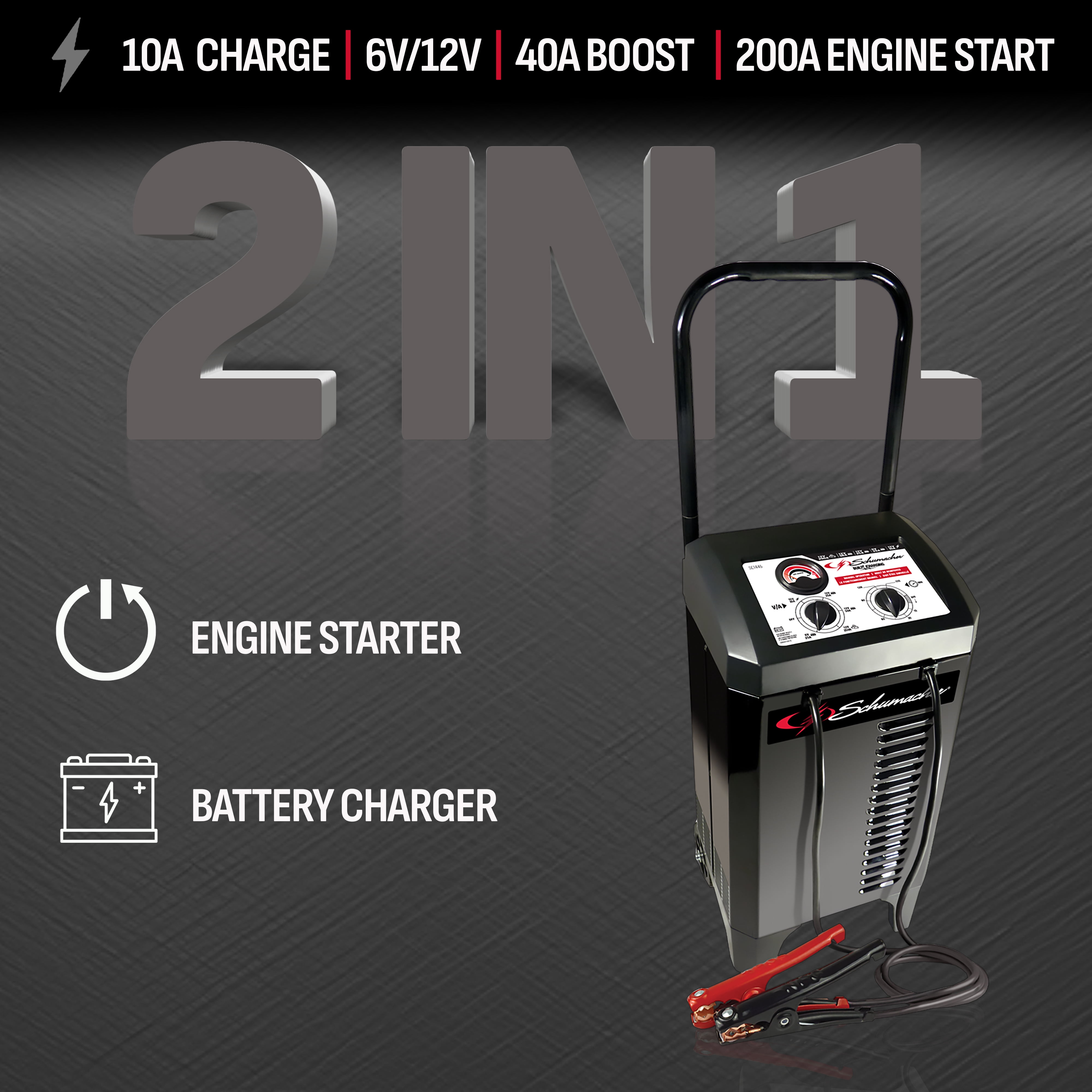 Schumacher Electric Wheeled Manual 10A Car Battery Charger and 200A Engine Starter, 40A Boost, 6V/12V Sport, Auto, and Marine Batteries, SC1446