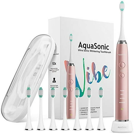 AquaSonic VIBE series Ultra Whitening Electric Toothbrush - 8 DuPont Brush Heads & Travel Case Included - Sonic 40,000 VPM Motor & Wireless Charging - 4 Modes w Smart Timer - Satin Rose (Best Travel Electric Toothbrush)