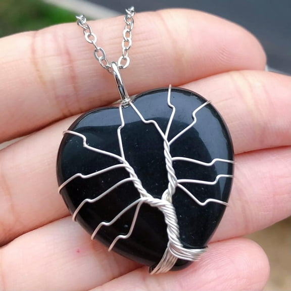 QQTDFG Black onyx Gem stone Tree of life Necklace Heart Chakra Reiki Healing Amulet-default