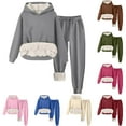 thumbnail image 4 of YDFCWXW Womens Casual Clothes Set Solid Color Sherpa Lined Pullover Lounge Long Sleeve Loose Comfy Hoodie Outfits with Pocket Beige, 3XL, 4 of 4