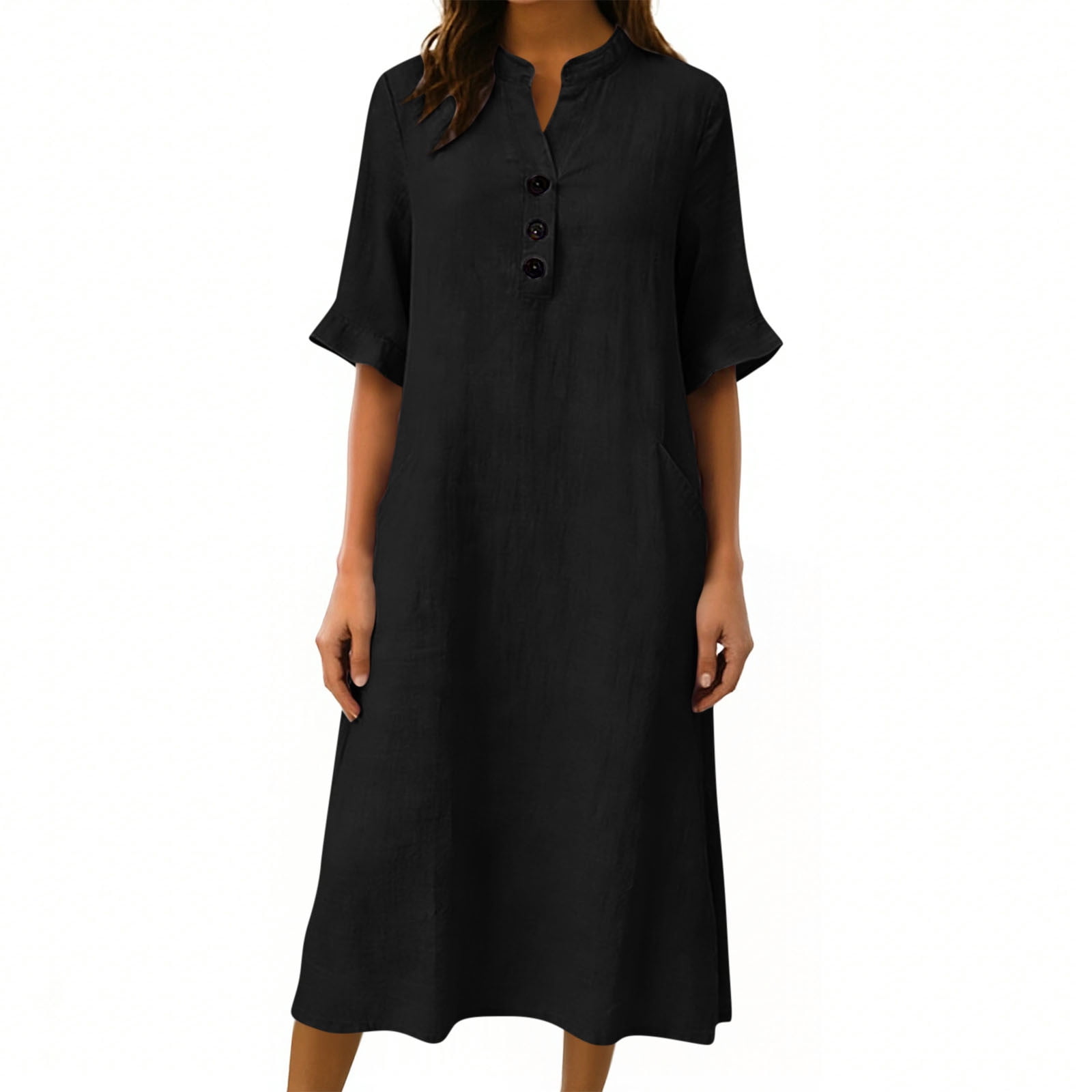 3/4 Sleeve Linen Midi Dress for Women Summer Loose Button Up Stand Collar A-Line Beach Vacation Dresses with Pockets