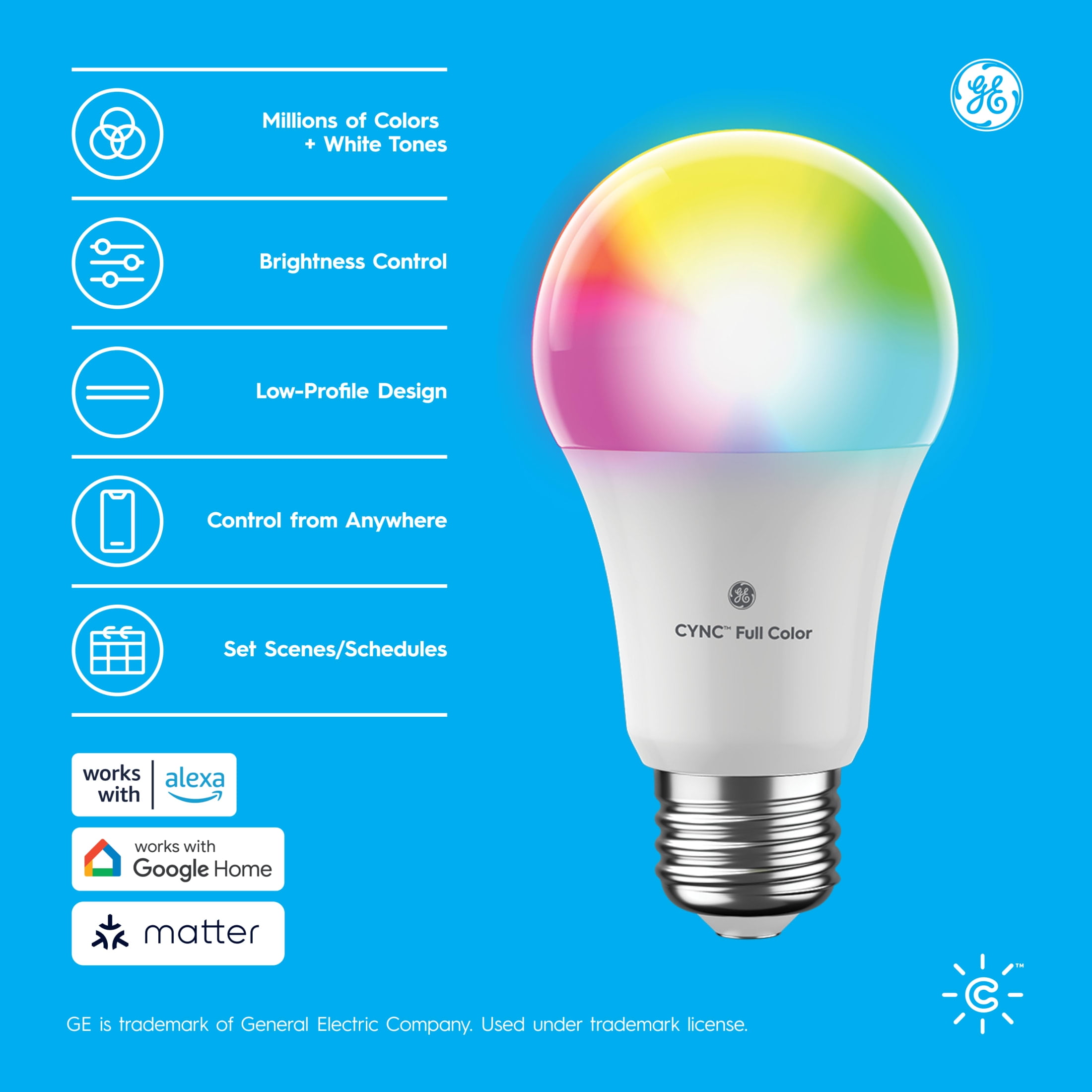 (4 pack) GE Cync A19 Smart LED Light Bulb, Color Changing Indoor Décor Lights, 60 Watts, Medium Base, 1pk