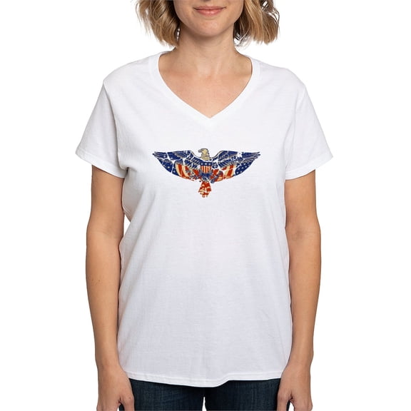 CafePress - Retro Eagle And USA Flag Women's V Neck T Shirt - Womens Cotton V-Neck T-shirt