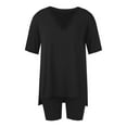 thumbnail image 5 of CheerKidz Two Piece Sets for Women 2025 Summer Short Matching Home Tops Elastic Waist Shorts Set Casual Loose V Neck Beach Vacation Travel Outfits(Black,S), 5 of 7