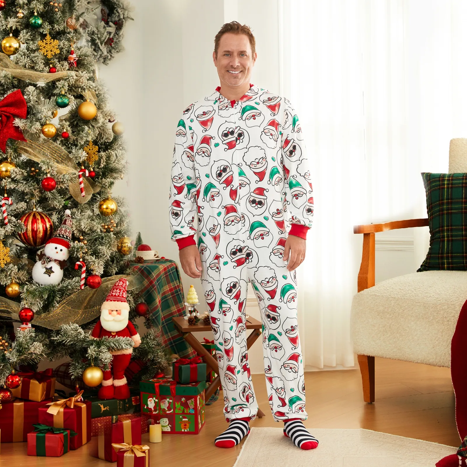 PatPat Christmas Family Matching Pajamas Holiday Couple Onesies for Men Allover Santa Claus Print Long Sleeve Hooded Zipper One Piece Pjs with Socks, M