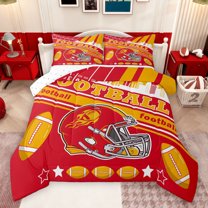 Feelyou Modern Rugby Helmet Full Size Comforter Sets for Kids, Stripes Red Orange Bedding Comforter Set, Eat Sleep Sports Reversible Bedding Sets, Breathable Home Decor, 3 Pieces