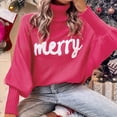 thumbnail image 4 of felwors Women Merry Sweaters Turtleneck Long Sleeve Letter Print Loose Knitted Pullover Merry Christmas Sweater Hot Pink, S, 4 of 6