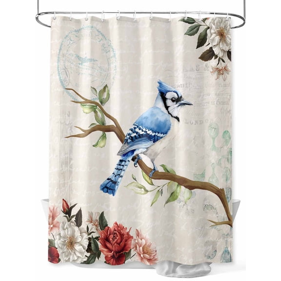 Fsddascl Spring Blue Bird Shower Curtain Set - Extra Long 72" x 96" Washable Bathtub Curtain with 12 Hooks, Summer Vintage Branch Floral Beige Waterproof Fabric Stall Shower Curtains for Bathroom