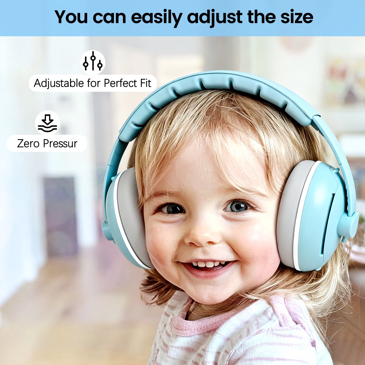 UQN 2-in-1 Baby Ear Muffs Noise Protection,Noise Canceling Headphones for Baby & Toddler 0-12-36 Months, Infant Ear Protection in Plane, Adjustable Headband,Improves Sleep - Blue