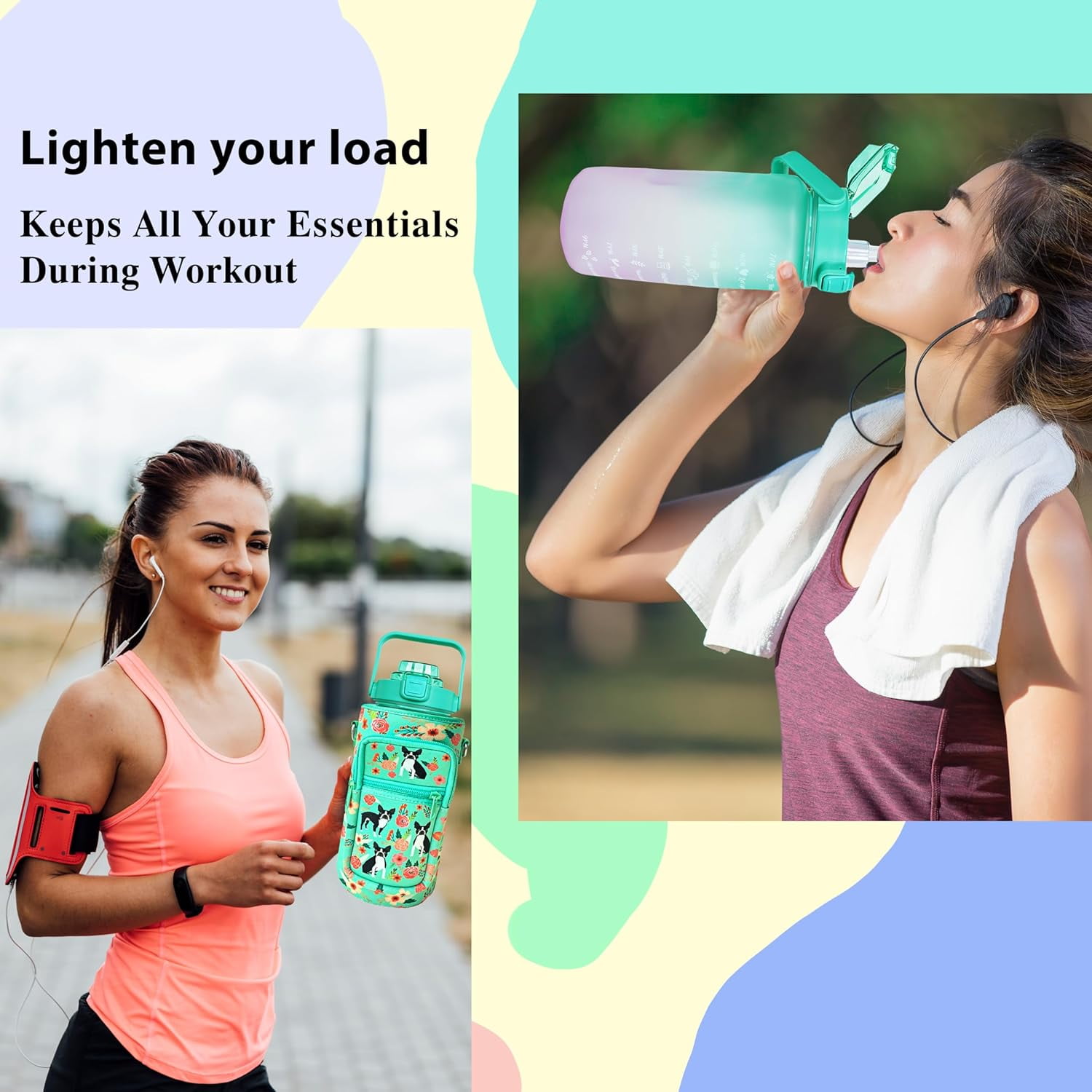 64 oz Water Bottle with Straw Sleeve & Strap Motivational BPA Free Half Gallon Water Jug with Handle for Gym Women Men Aesthetic Water Bottle with Strap Dog