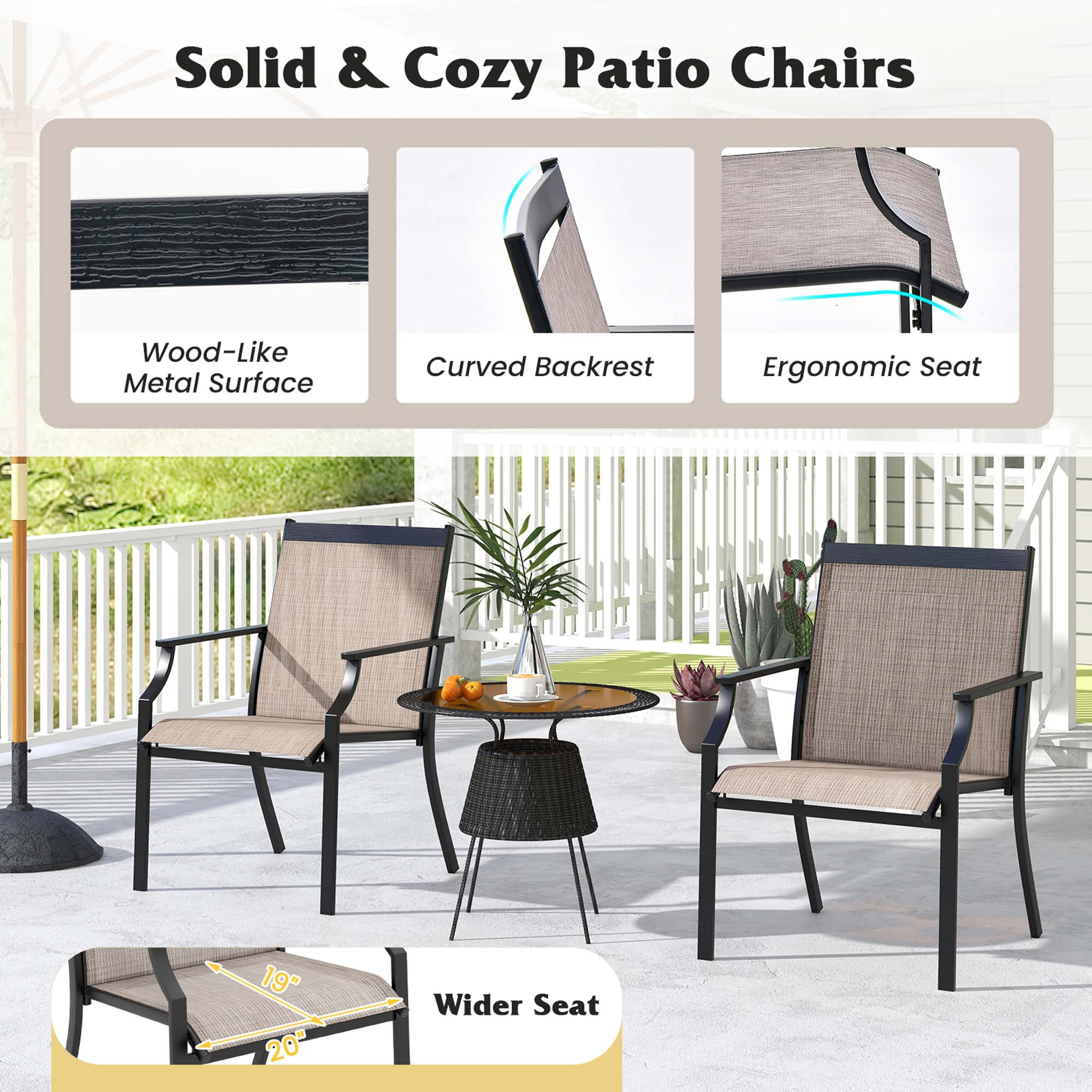 Costway 2 Piece Patio Dining Chairs Large Outdoor Chairs with Breathable Seat & Metal Frame Coffee
